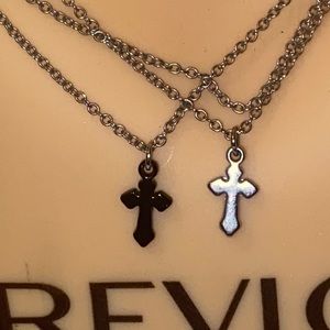 Handmade double cross necklace, one black, one silver 16 inch chain